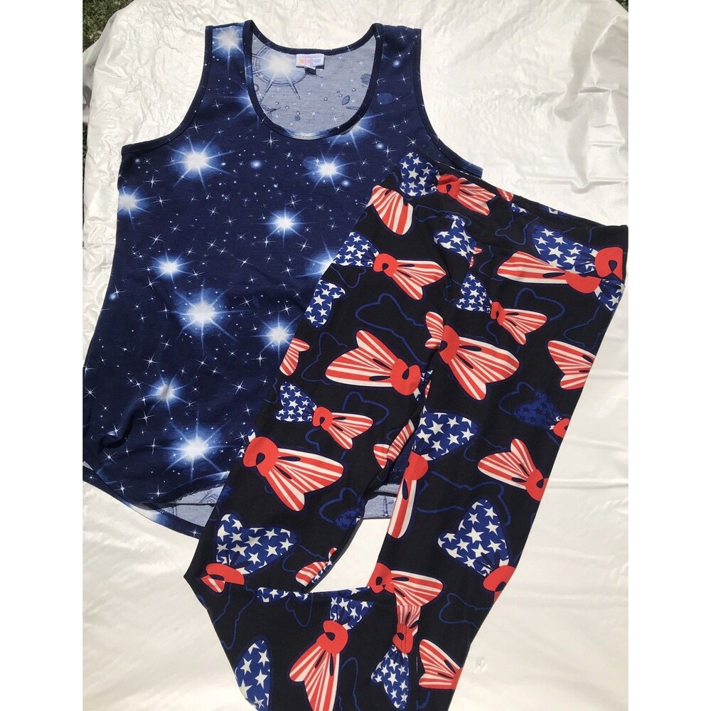 Lularoe Americana Black Leggings W/Bows One Size And Blue Top Women's Size XL
